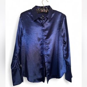 Bleuh Ciel Midnight Blue Satin Shirt with floral embroidery